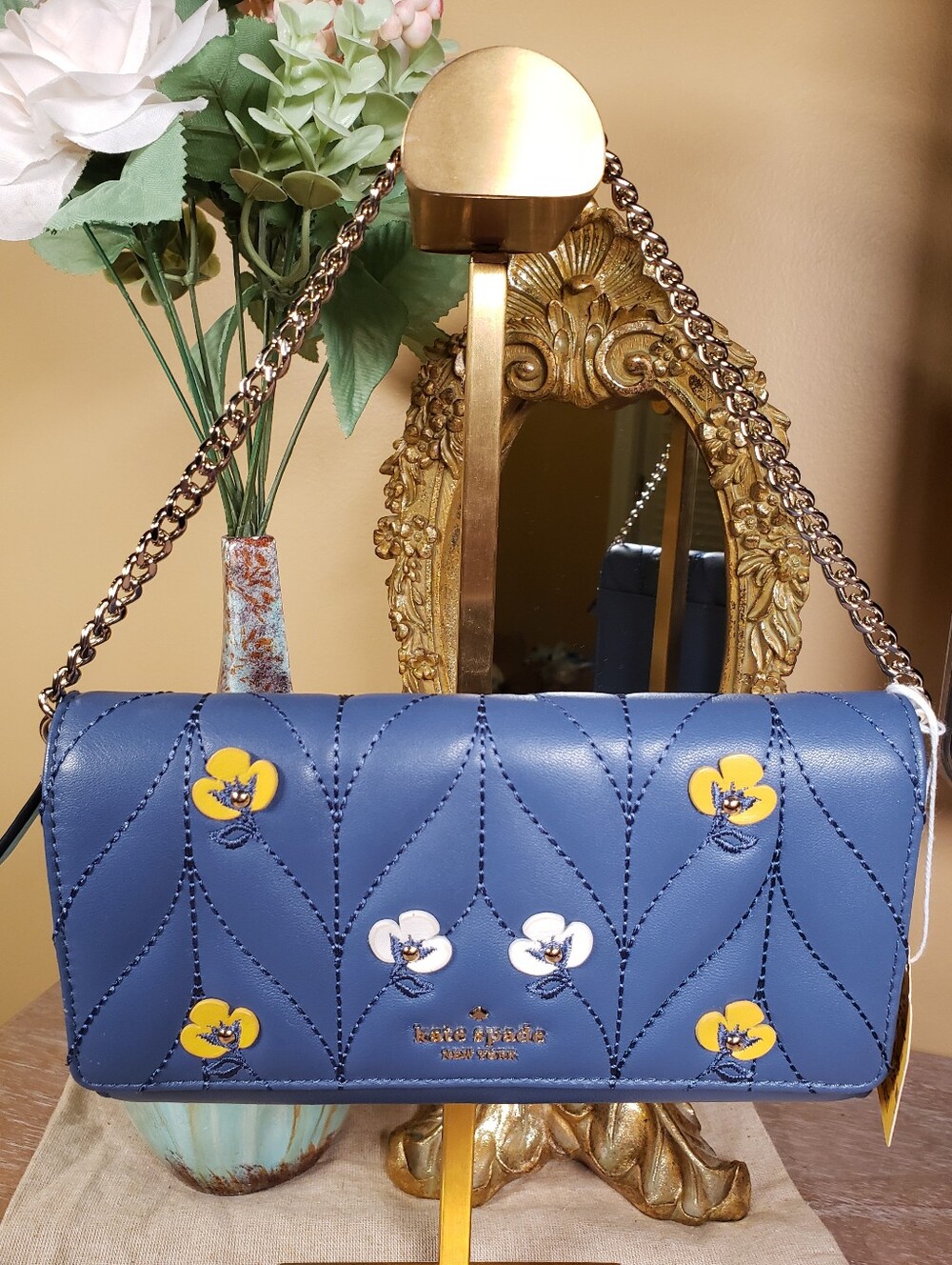 kate spade Blue Quilted Floral Appliqué Leather Clutch / Wristlet NWOT!